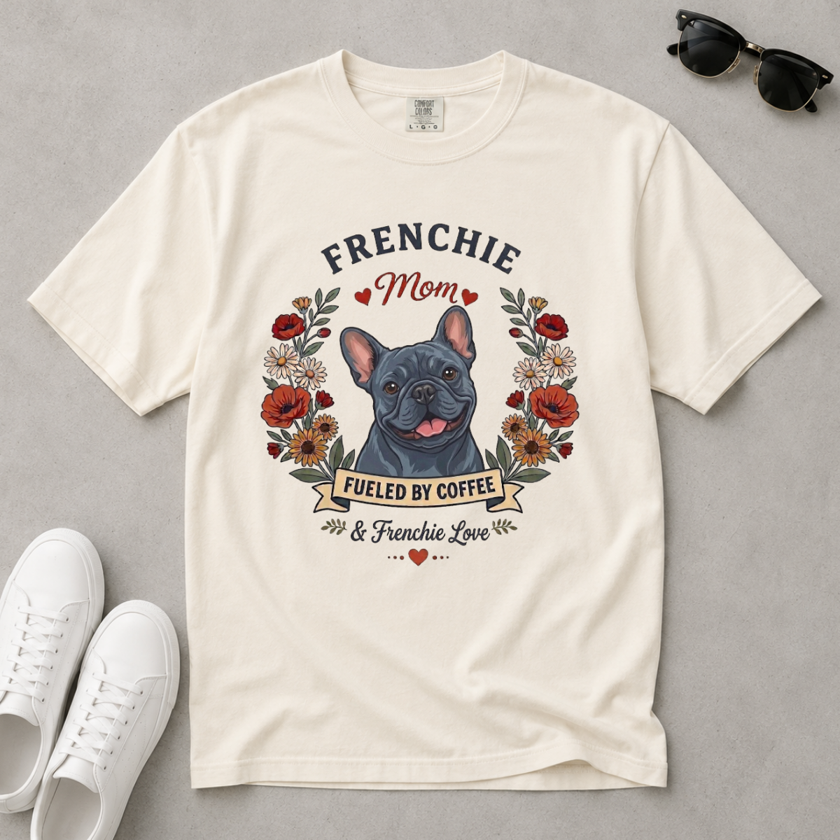 Blue French Bulldog Dog Mom T-Shirt | Fueled by Coffee & Frenchie Love