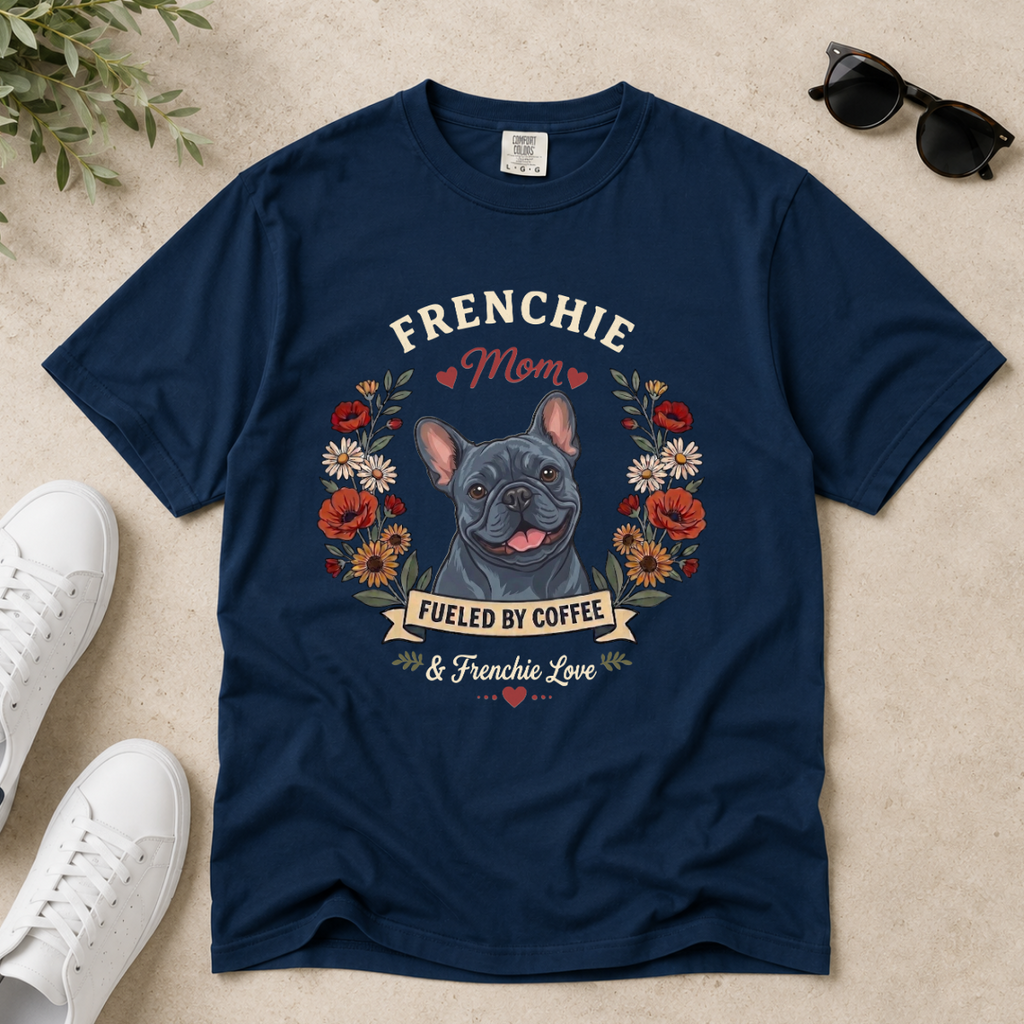 Blue French Bulldog Dog Mom T-Shirt | Fueled by Coffee & Frenchie Love