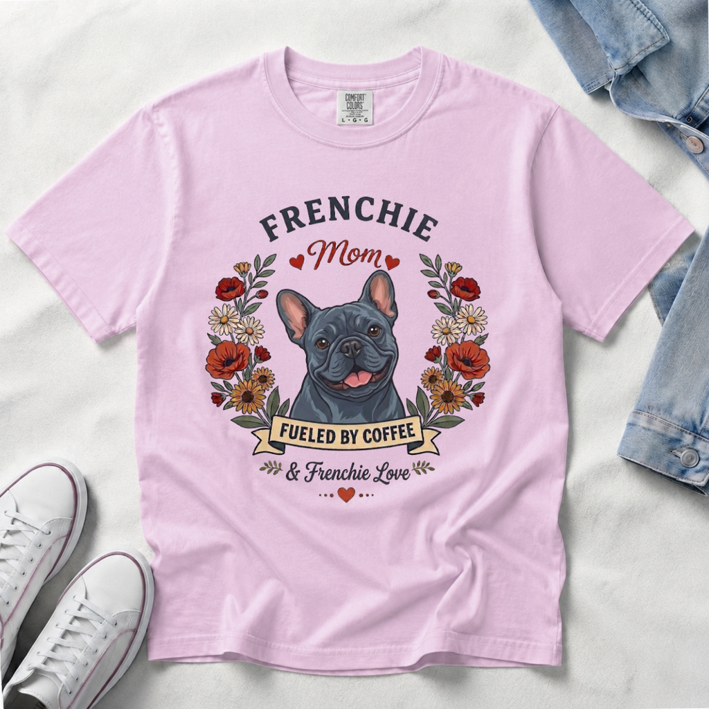 Blue French Bulldog Dog Mom T-Shirt | Fueled by Coffee & Frenchie Love