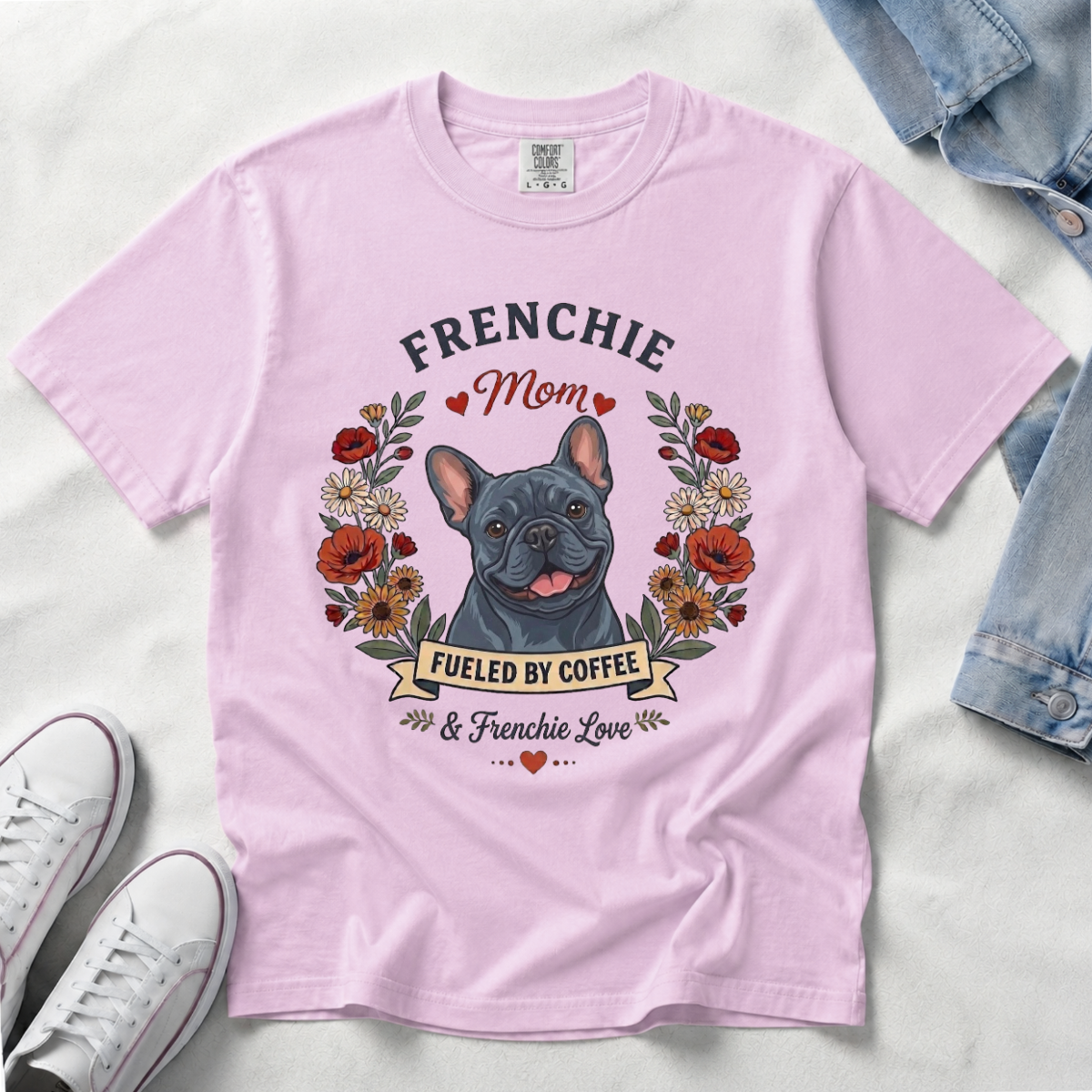 Blue French Bulldog Dog Mom T-Shirt | Fueled by Coffee & Frenchie Love