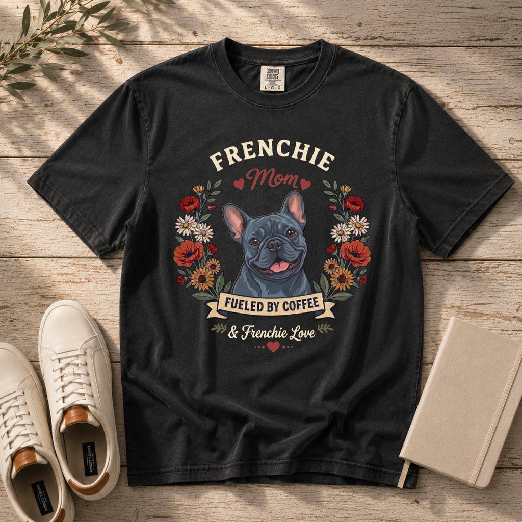 Blue French Bulldog Dog Mom T-Shirt | Fueled by Coffee & Frenchie Love