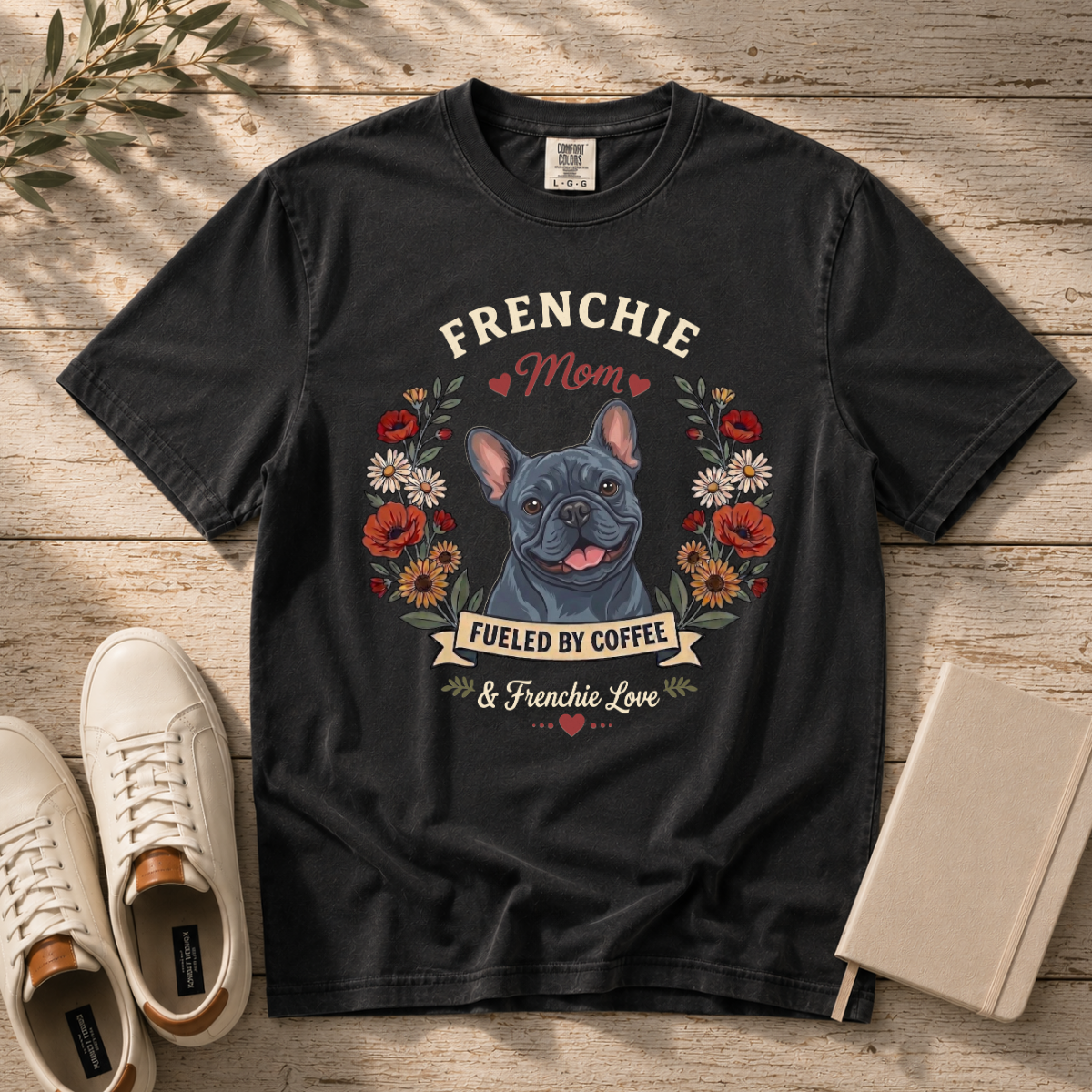 Blue French Bulldog Dog Mom T-Shirt | Fueled by Coffee & Frenchie Love