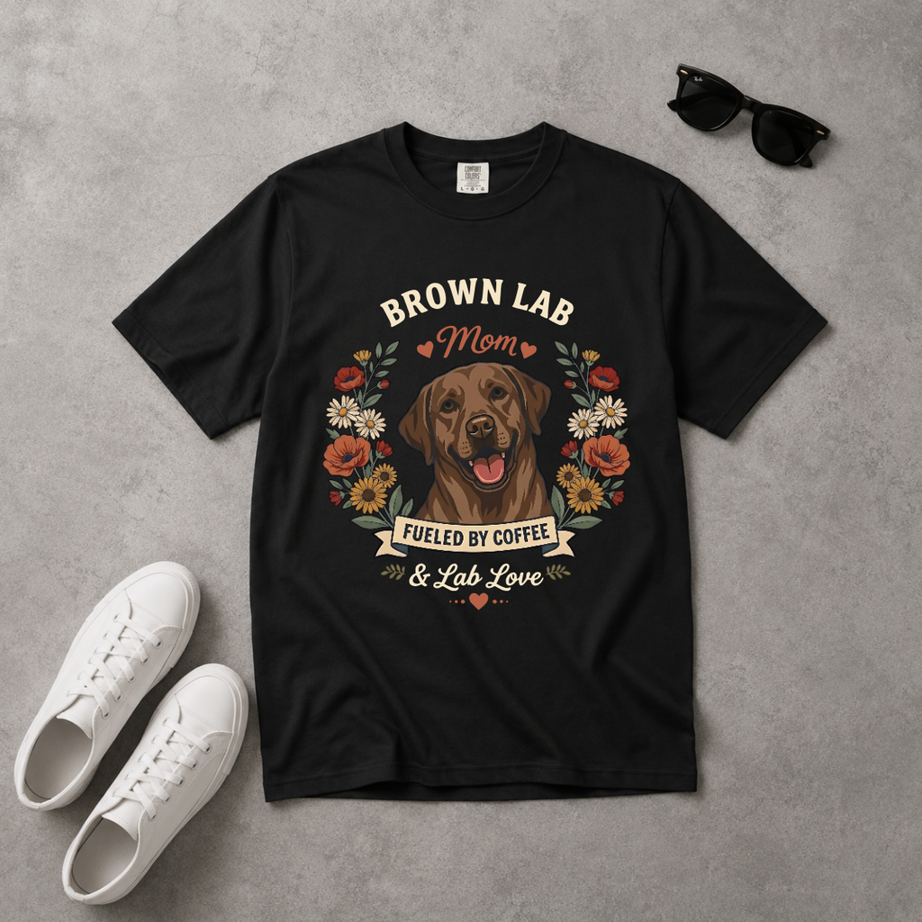 Black t-shirt with brown lab graphic and text on a gray surface with white sneakers and sunglasses.
