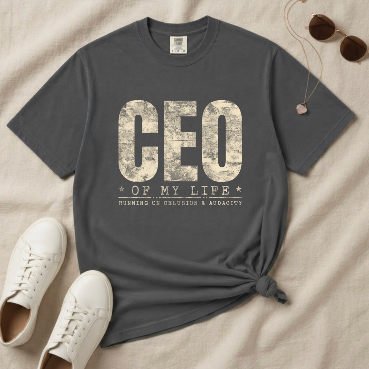 Running on Delusion & Audacity – Funny Entrepreneur T-Shirt | Explorer Edition