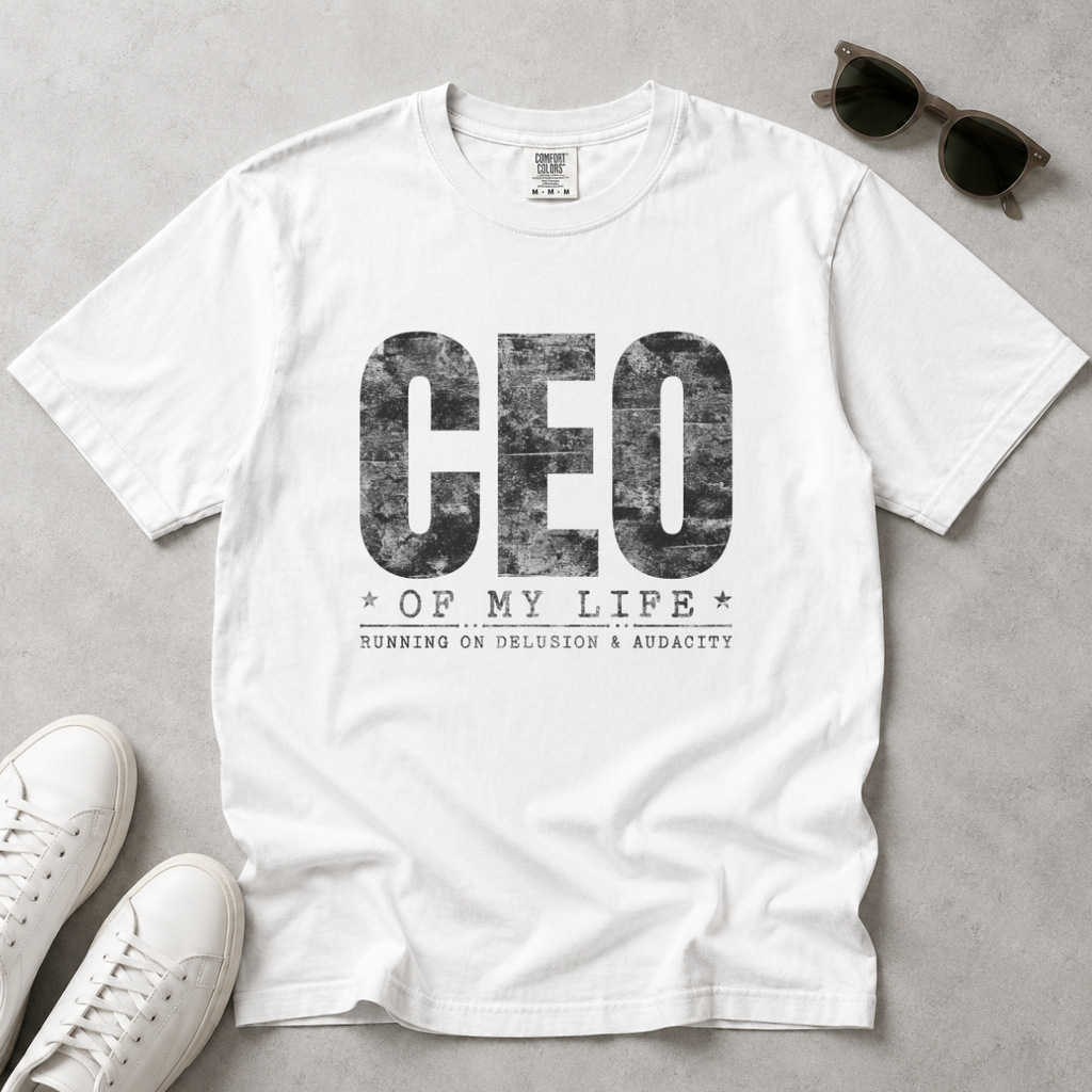Running on Delusion & Audacity – Funny Entrepreneur T-Shirt | Explorer Edition