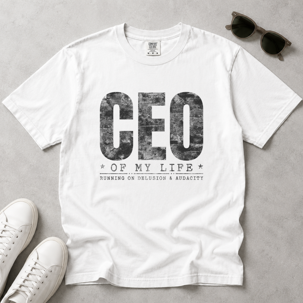 Running on Delusion & Audacity – Funny Entrepreneur T-Shirt | Explorer Edition