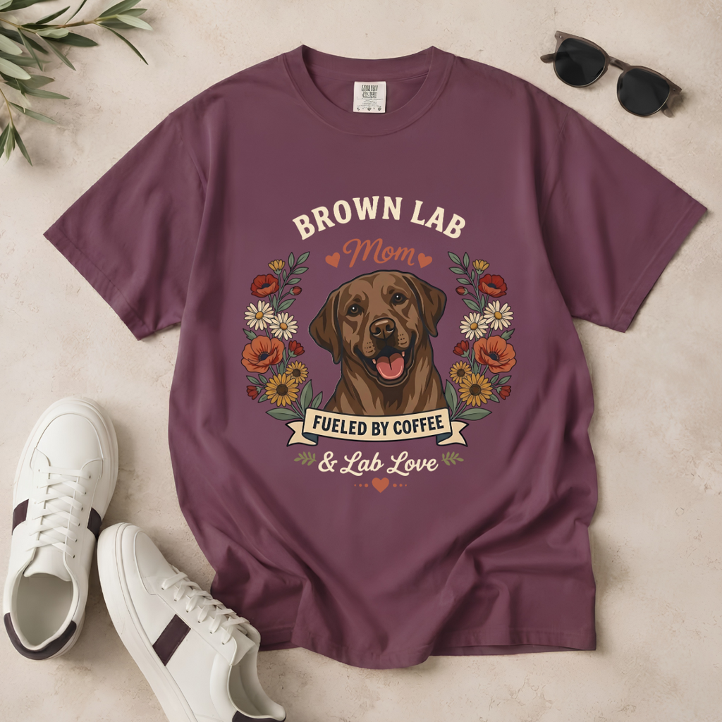 Chocolate Labrador Dog Mom T-Shirt | Fueled by Coffee & Lab Love