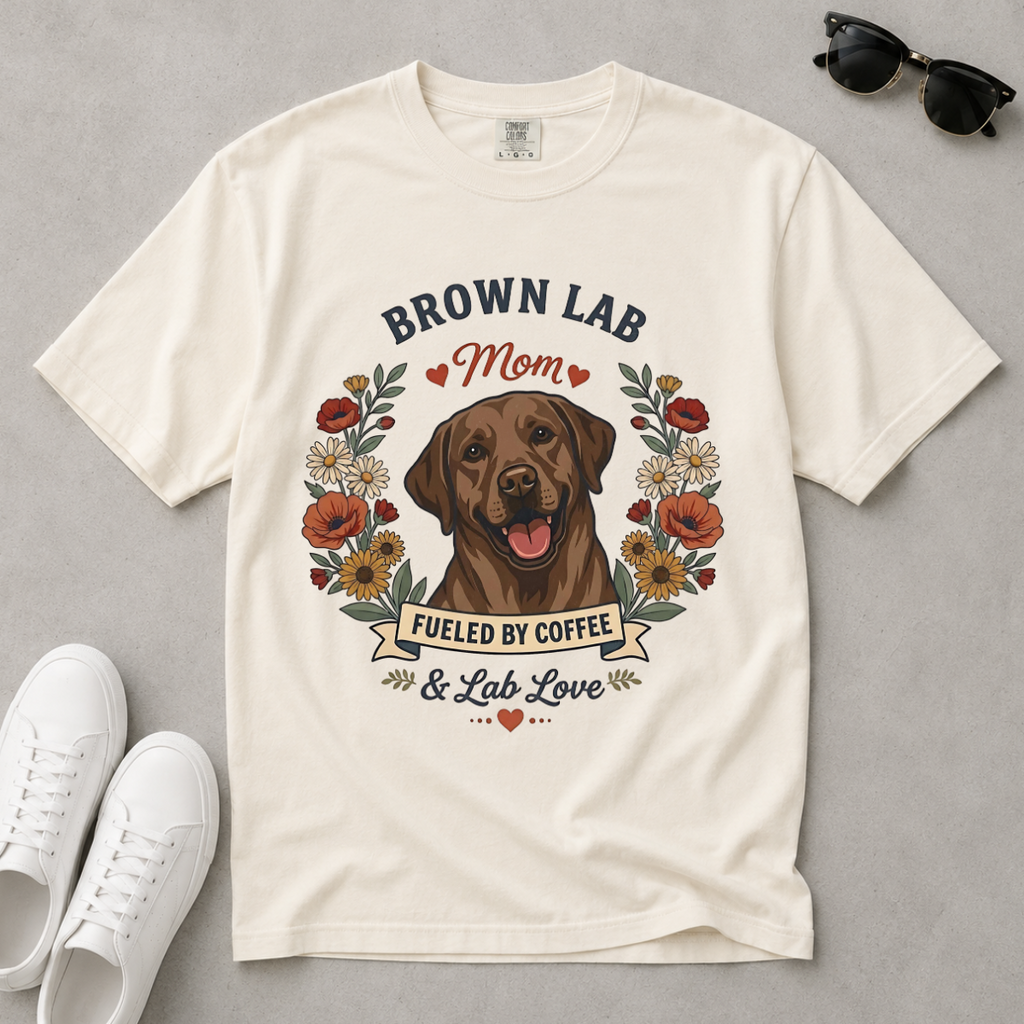 An off-white short-sleeve graphic t-shirt laid flat on a gray surface, featuring a brown Labrador retriever illustration surrounded by flowers and the text 'BROWN LAB Mom FUELED BY COFFEE & Lab Love'. White sneakers and black sunglasses are styled around the shirt.