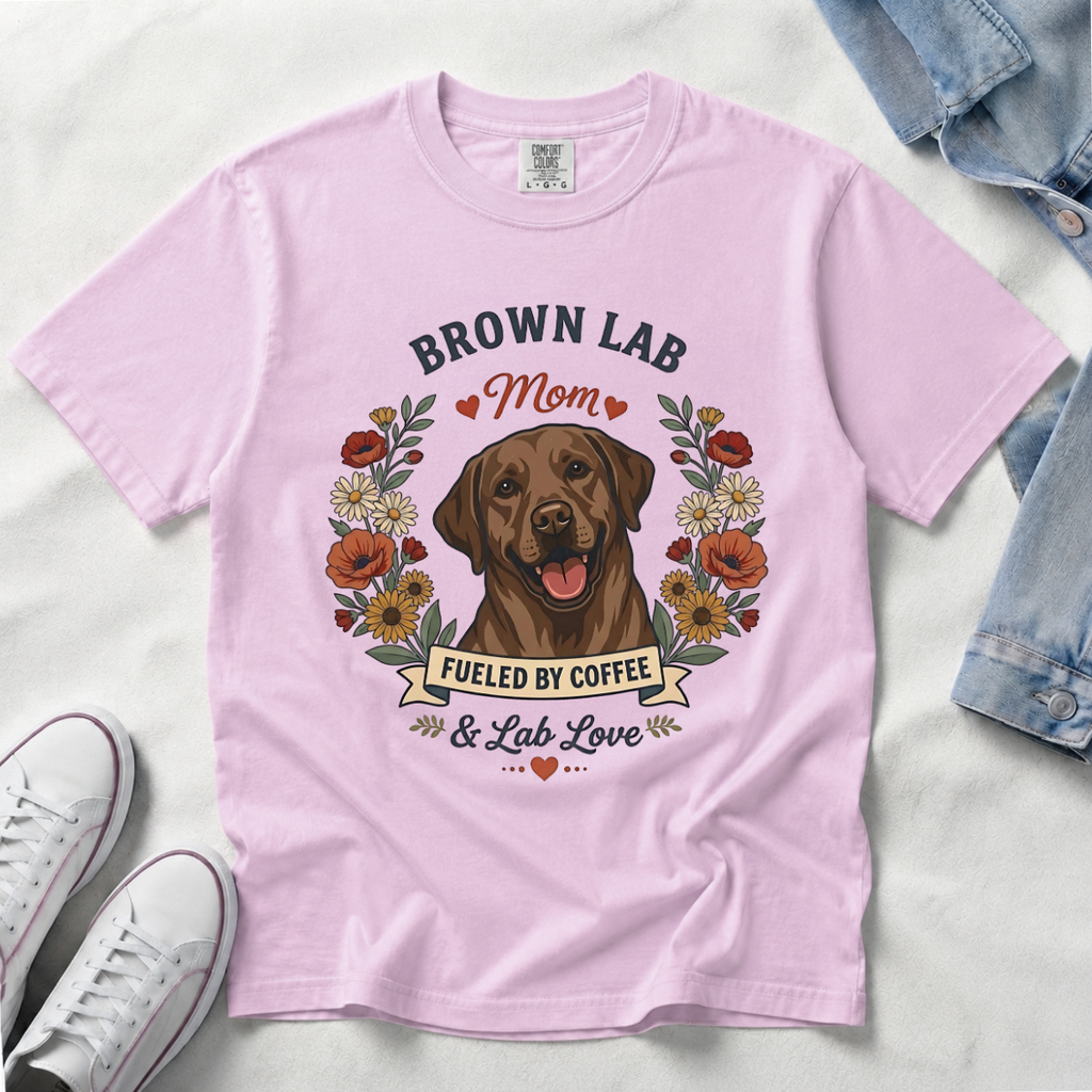 Chocolate Labrador Dog Mom T-Shirt | Fueled by Coffee & Lab Love