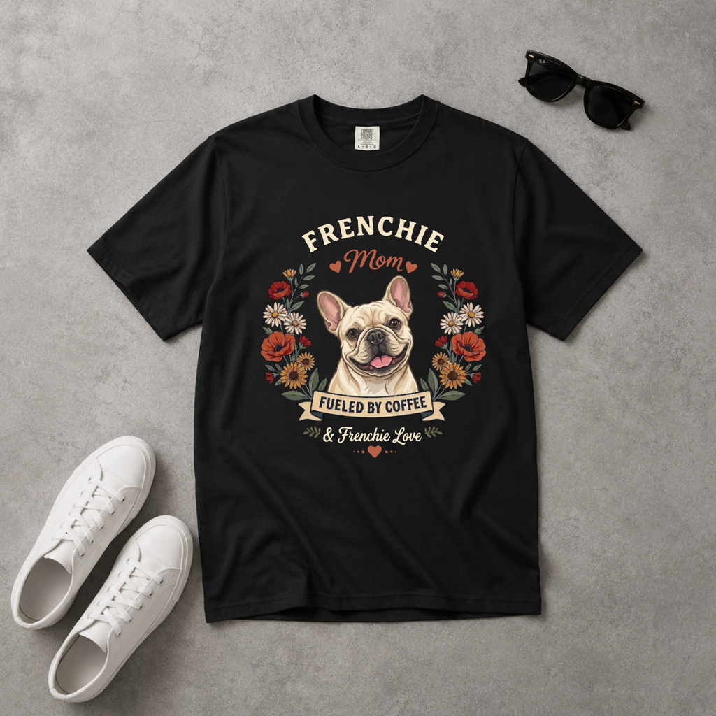 Cream French Bulldog Dog Mom T-Shirt | Fueled by Coffee & Frenchie Love