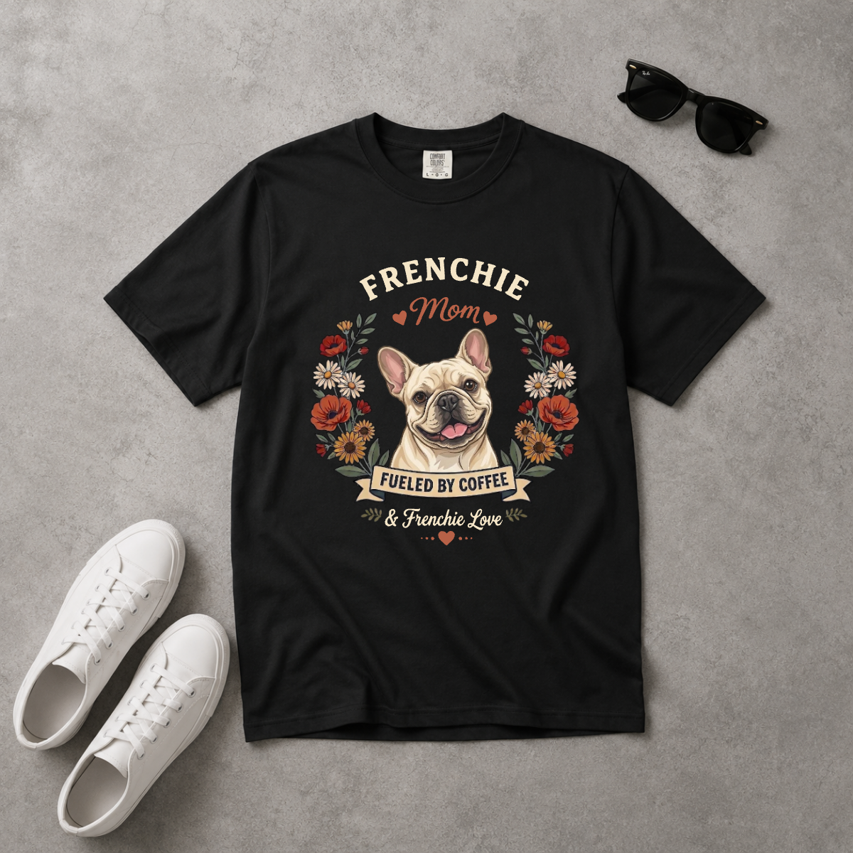 Cream French Bulldog Dog Mom T-Shirt | Fueled by Coffee & Frenchie Love