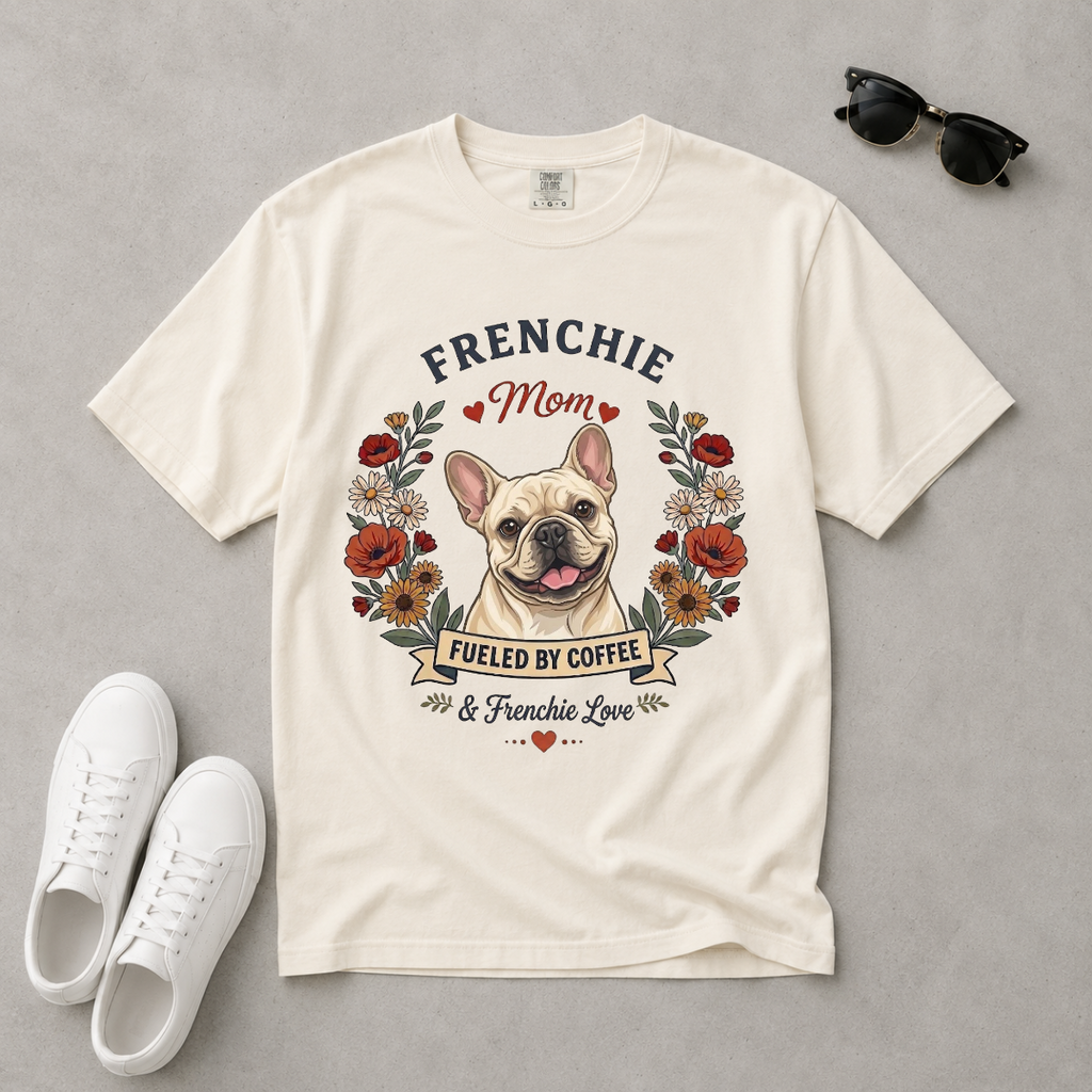 Cream French Bulldog Dog Mom T-Shirt | Fueled by Coffee & Frenchie Love