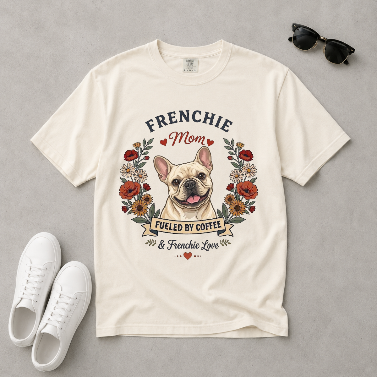 Cream French Bulldog Dog Mom T-Shirt | Fueled by Coffee & Frenchie Love