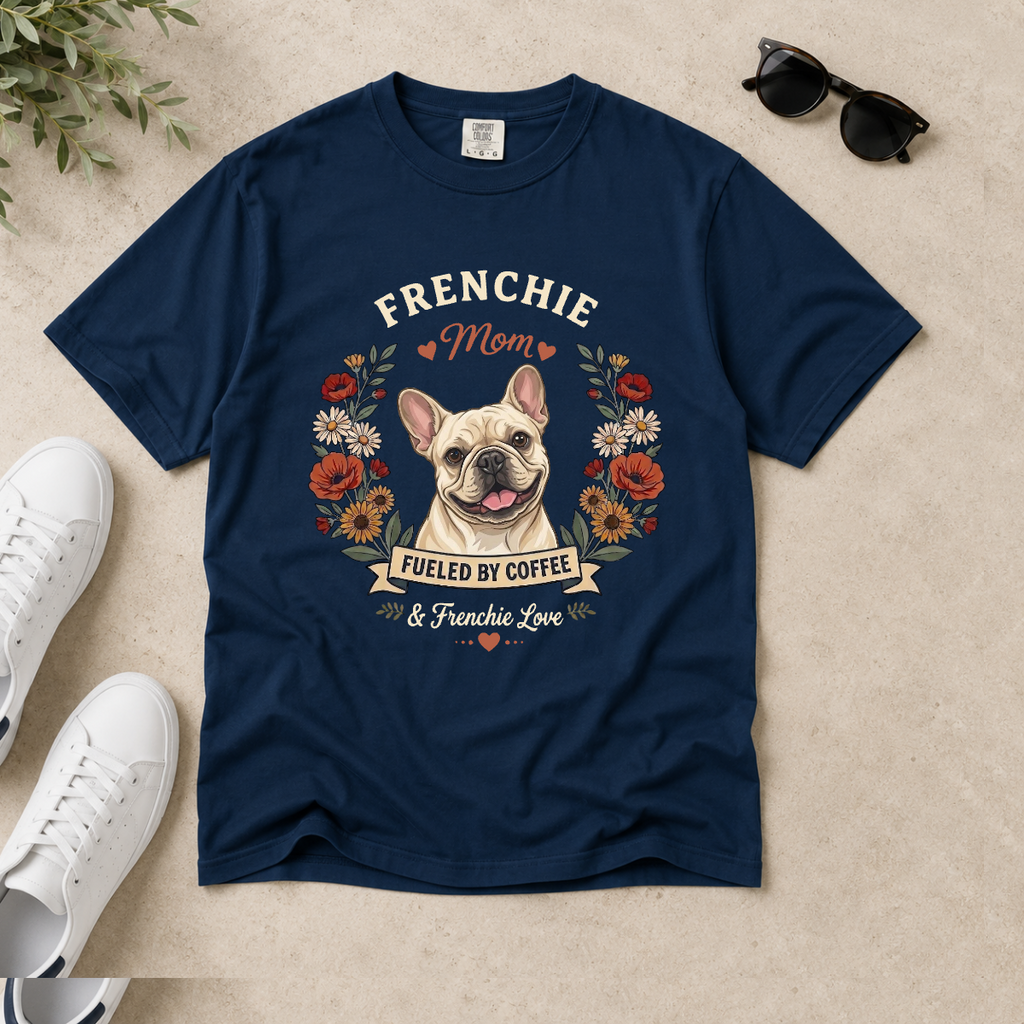 Cream French Bulldog Dog Mom T-Shirt | Fueled by Coffee & Frenchie Love