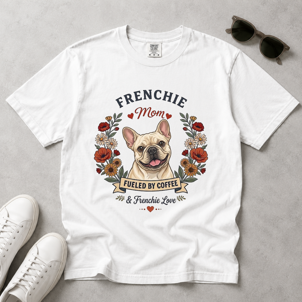 Cream French Bulldog Dog Mom T-Shirt | Fueled by Coffee & Frenchie Love