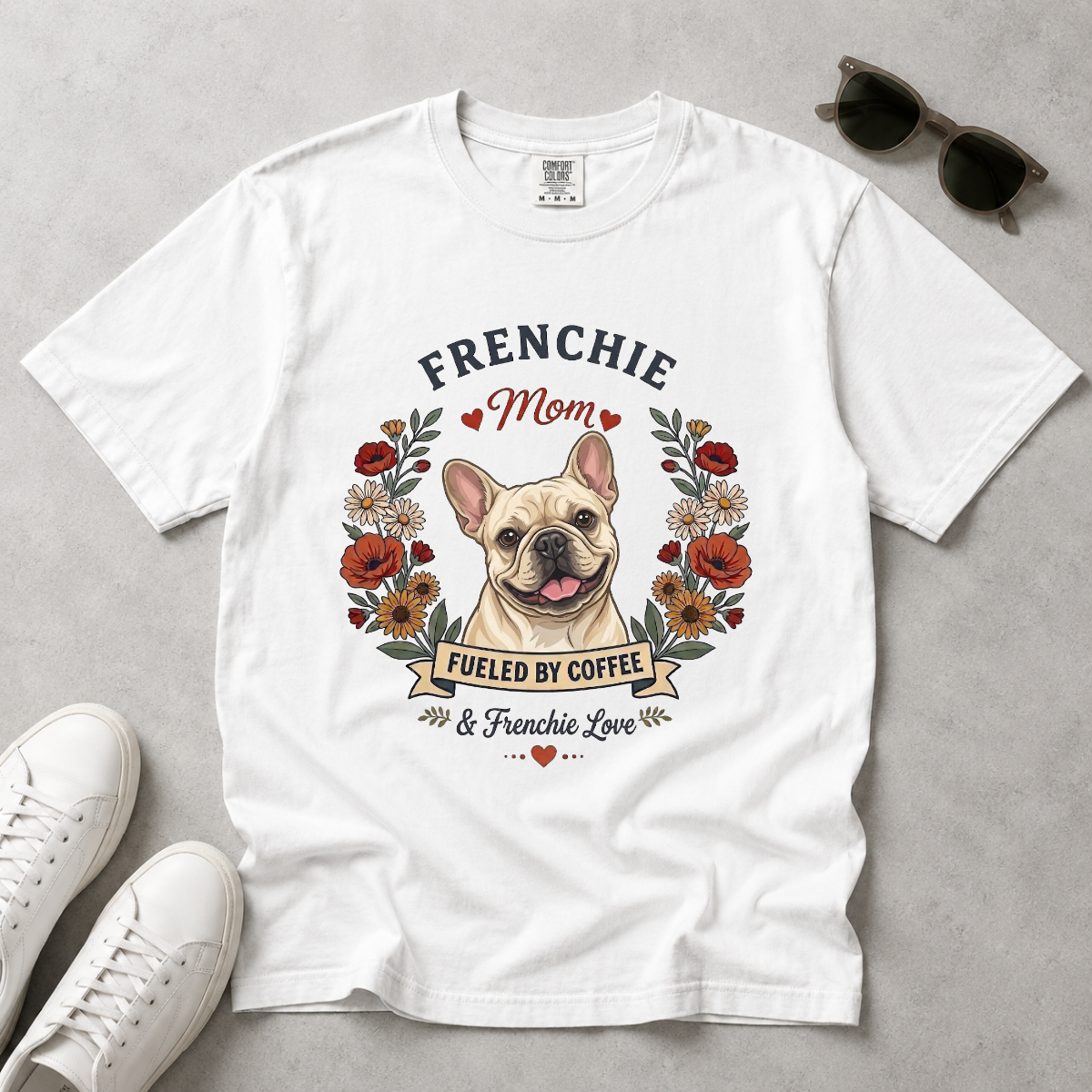 Cream French Bulldog Dog Mom T-Shirt | Fueled by Coffee & Frenchie Love