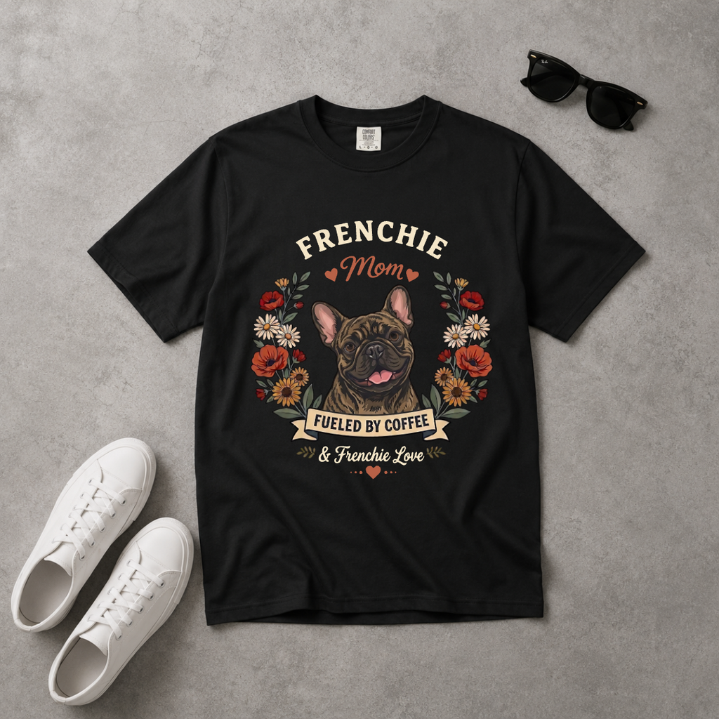 Brindle French Bulldog Dog Mom T-Shirt | Fueled by Coffee & Frenchie Love