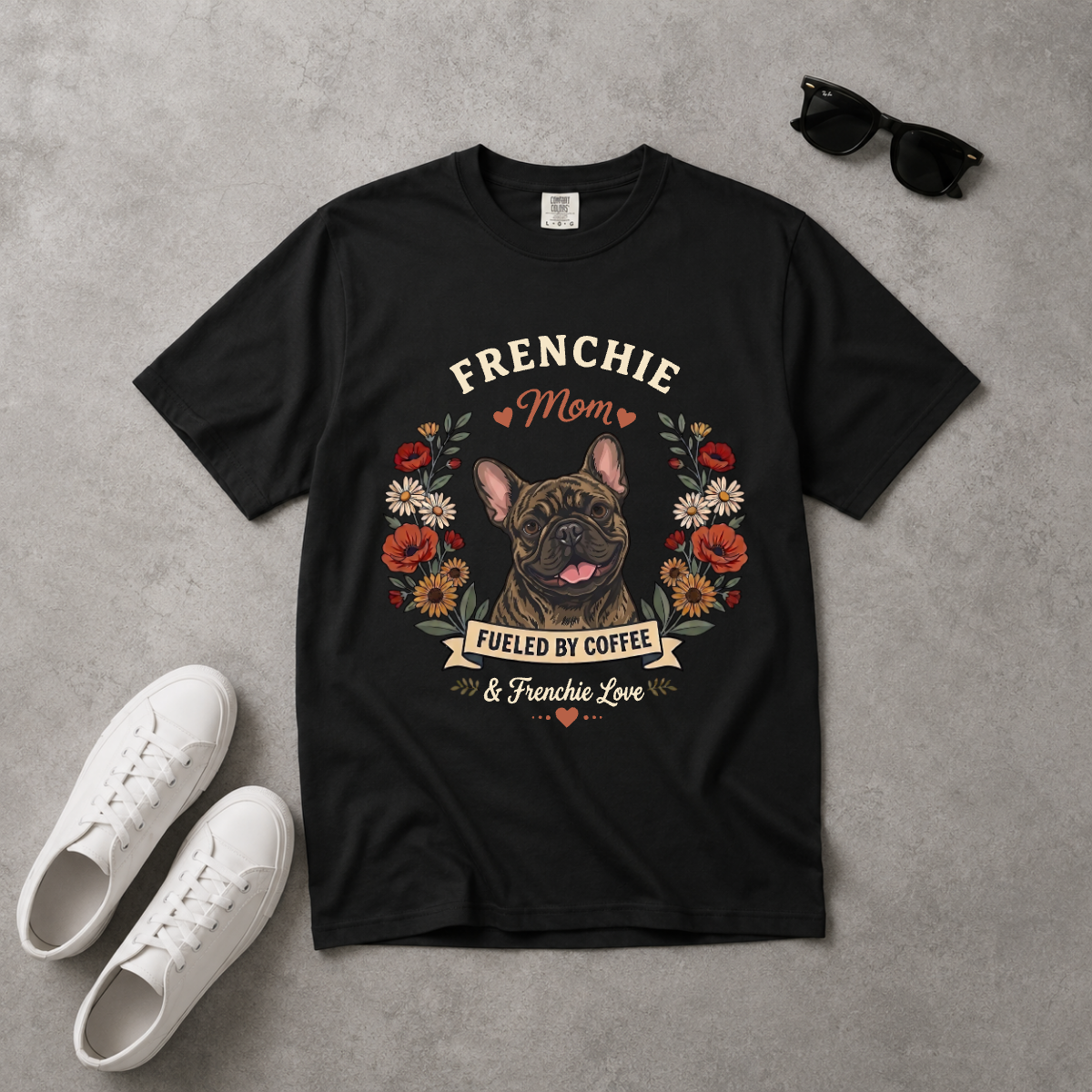 Brindle French Bulldog Dog Mom T-Shirt | Fueled by Coffee & Frenchie Love