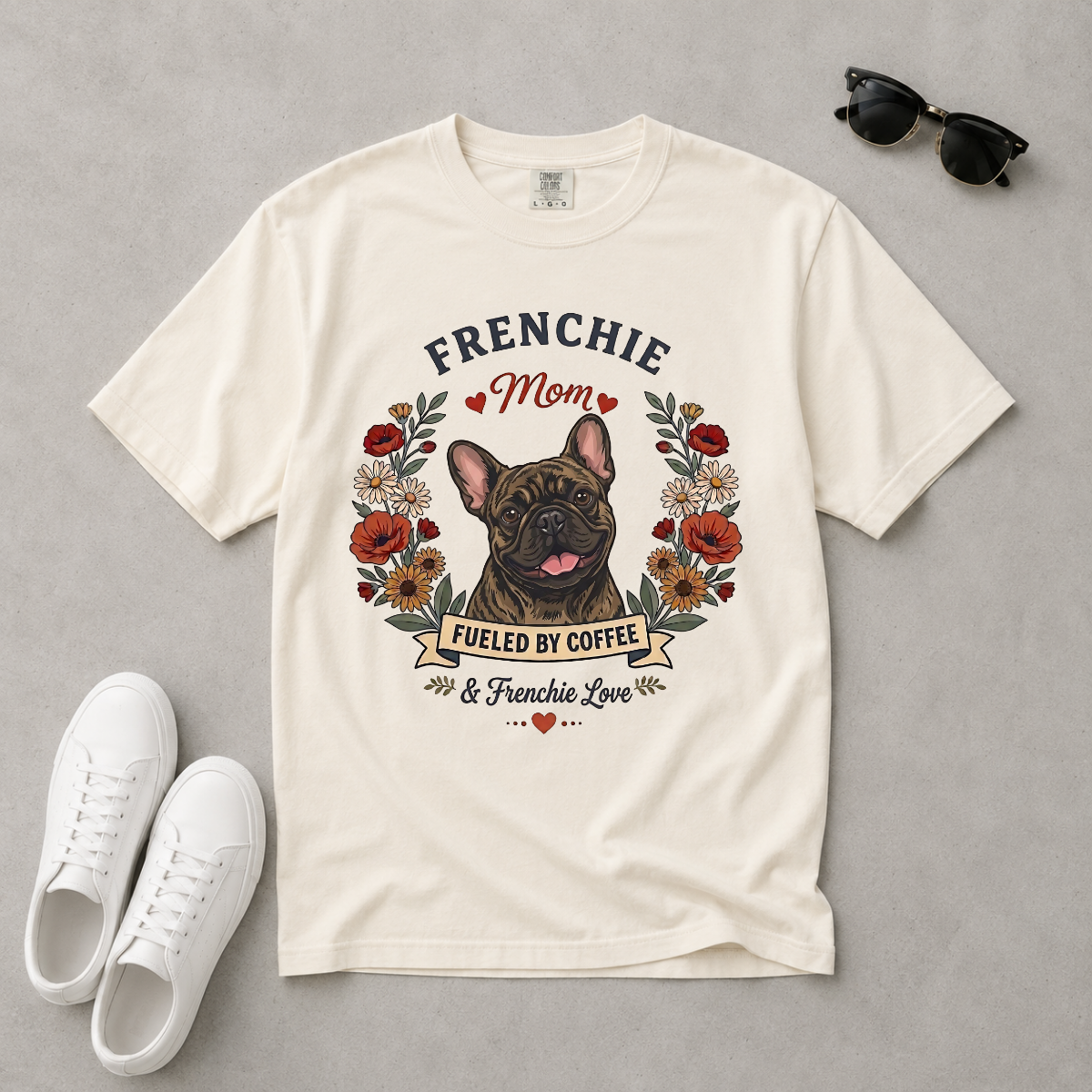 Brindle French Bulldog Dog Mom T-Shirt | Fueled by Coffee & Frenchie Love