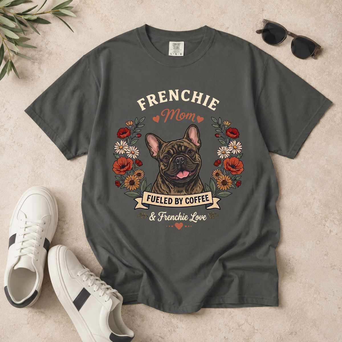 Brindle French Bulldog Dog Mom T-Shirt | Fueled by Coffee & Frenchie Love