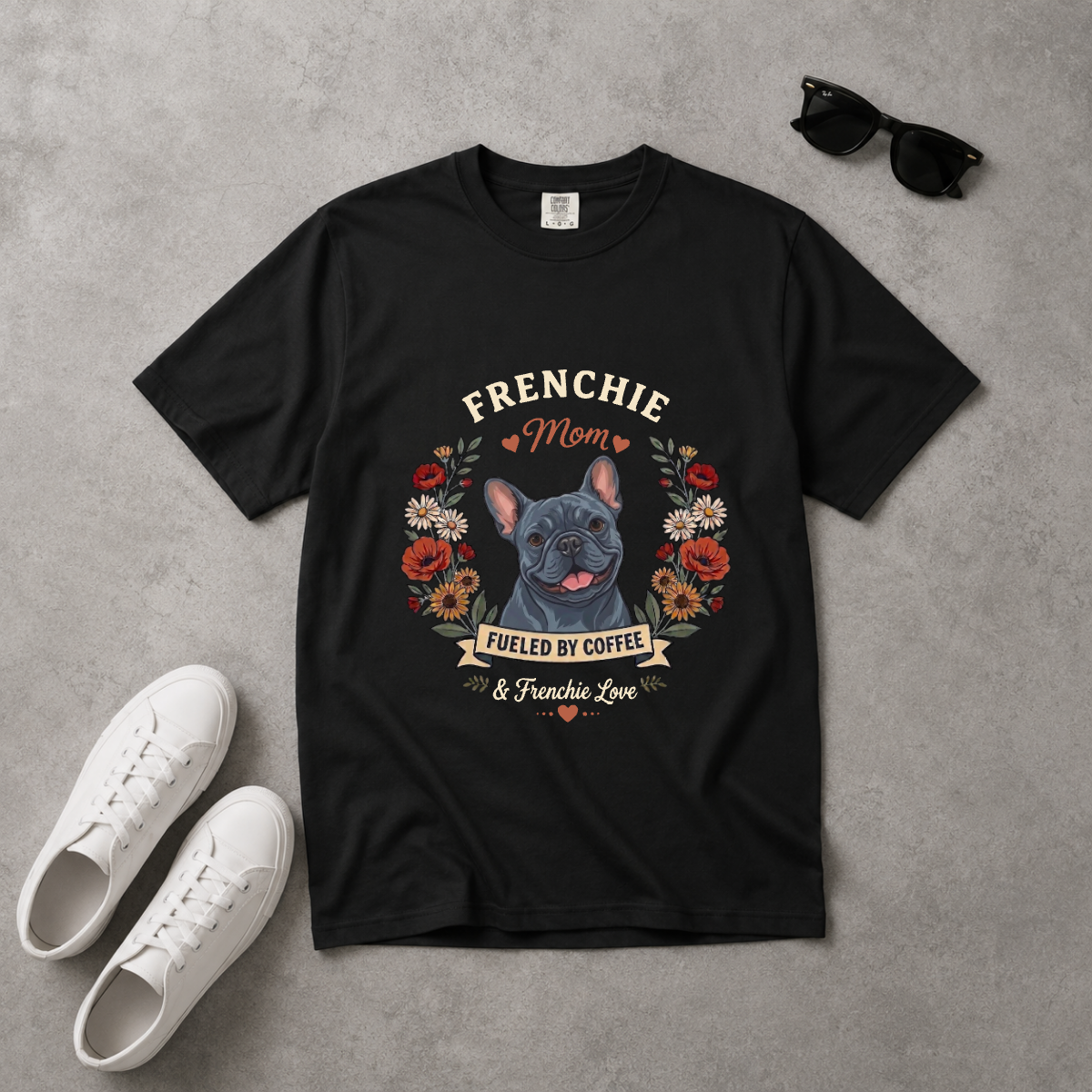 Blue French Bulldog Dog Mom T-Shirt | Fueled by Coffee & Frenchie Love