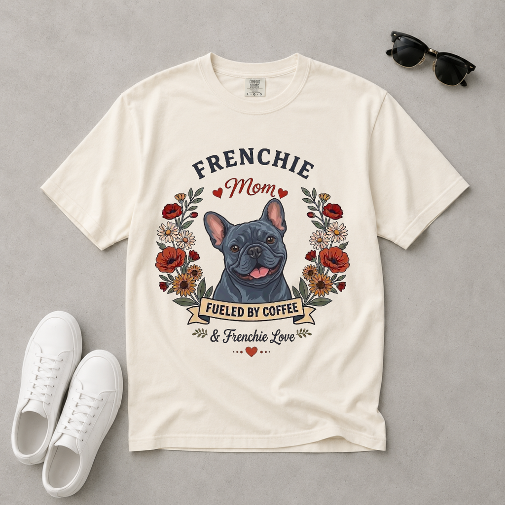 Blue French Bulldog Dog Mom T-Shirt | Fueled by Coffee & Frenchie Love