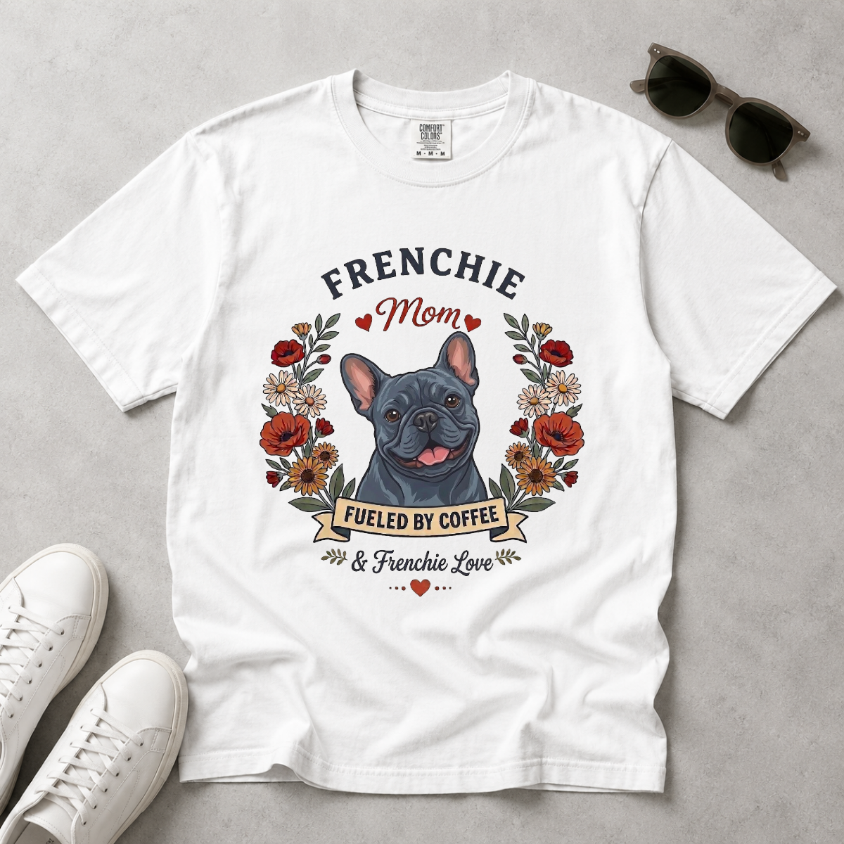 Blue French Bulldog Dog Mom T-Shirt | Fueled by Coffee & Frenchie Love
