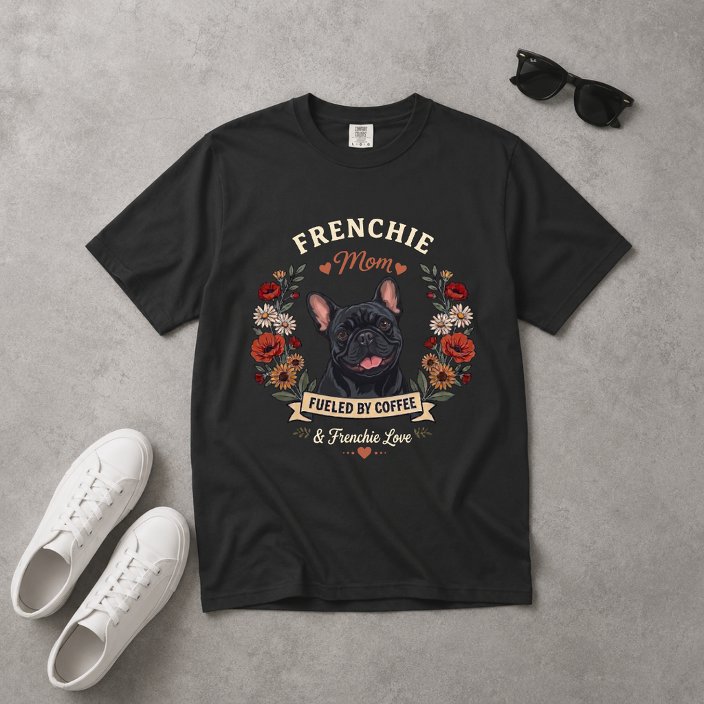 Black French Bulldog Dog Mom T-Shirt | Fueled by Coffee & Frenchie Love