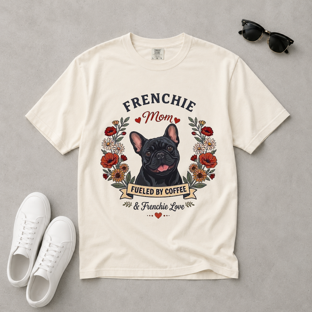 Black French Bulldog Dog Mom T-Shirt | Fueled by Coffee & Frenchie Love