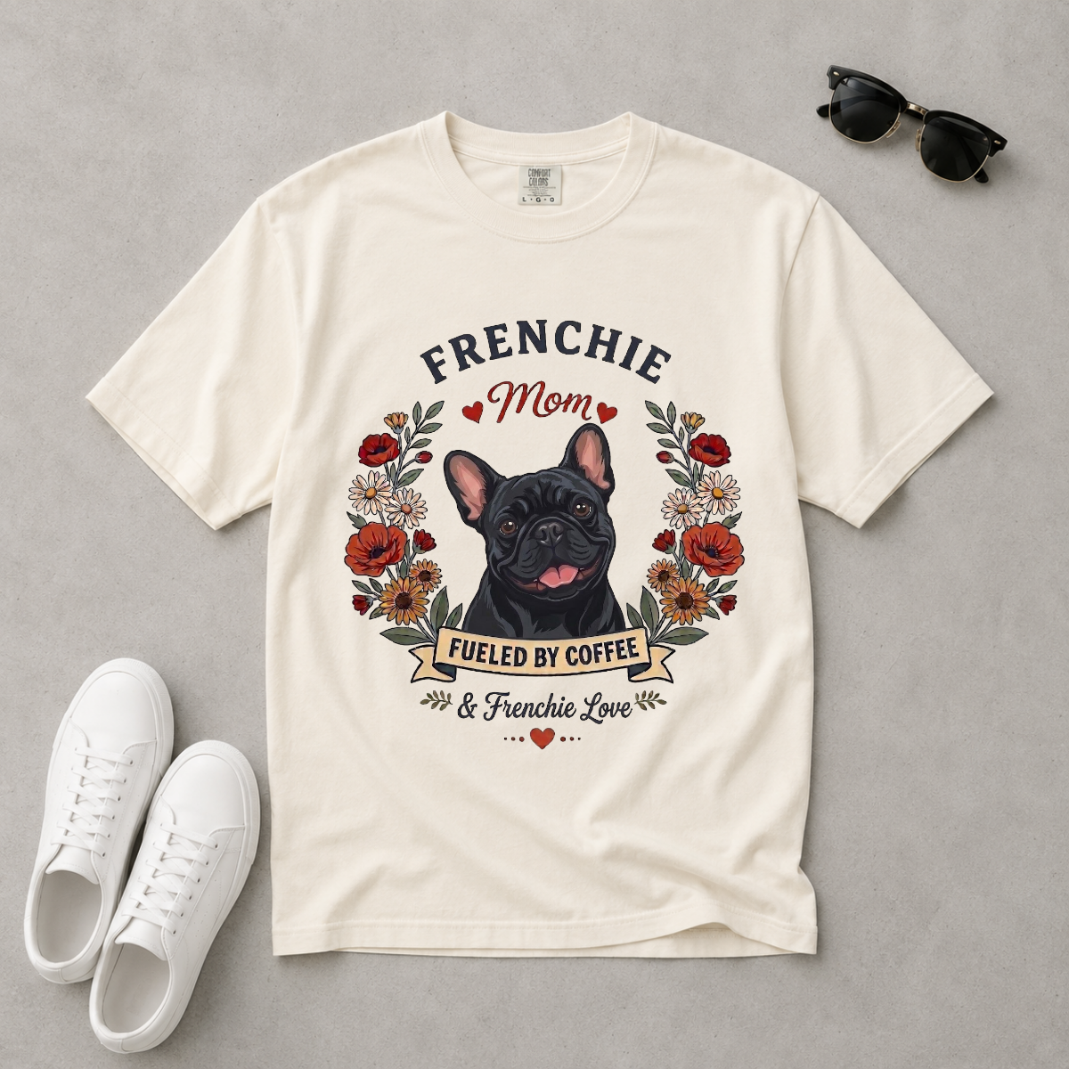 Black French Bulldog Dog Mom T-Shirt | Fueled by Coffee & Frenchie Love