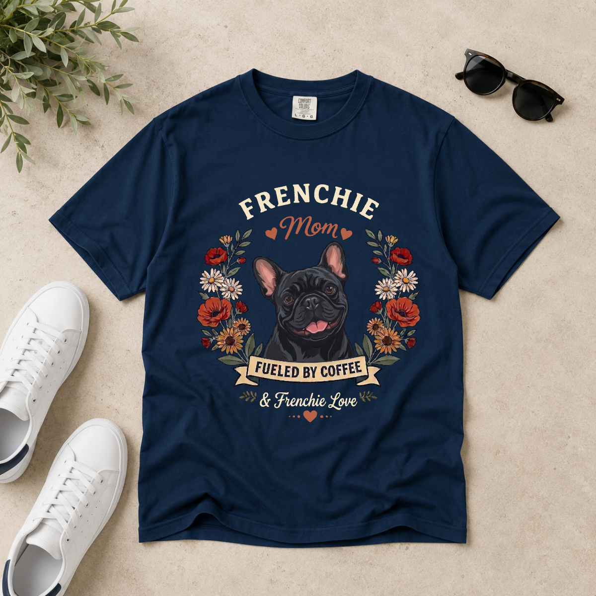 Black French Bulldog Dog Mom T-Shirt | Fueled by Coffee & Frenchie Love