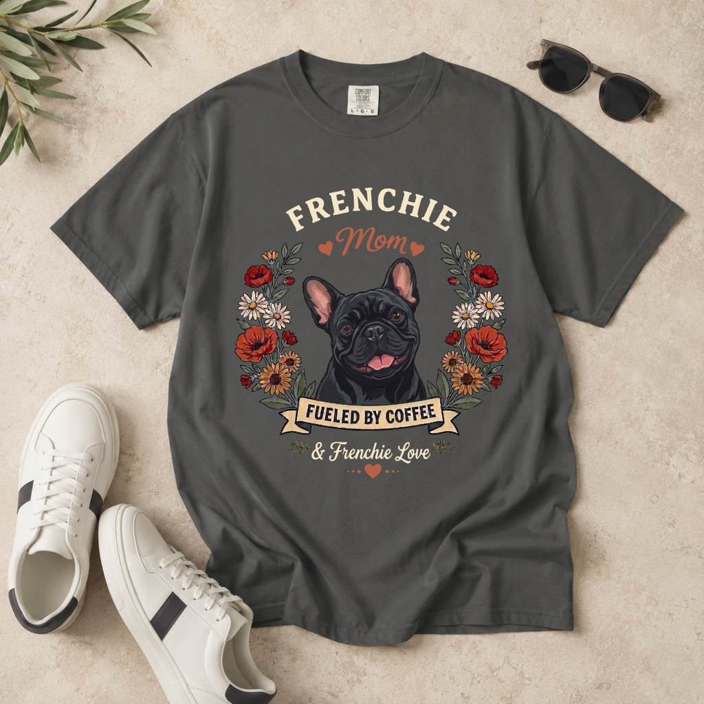 Black French Bulldog Dog Mom T-Shirt | Fueled by Coffee & Frenchie Love