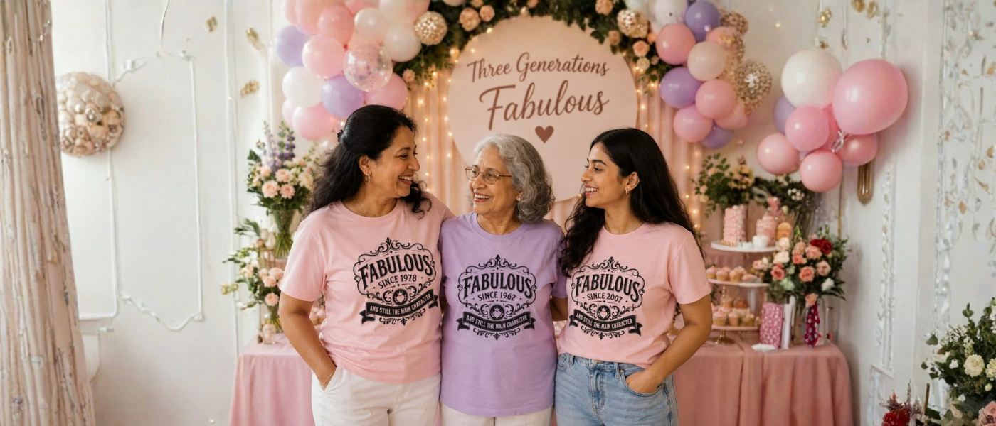 Three women wearing matching 'Fabulous' t-shirts in a decorated room with balloons and flowers.