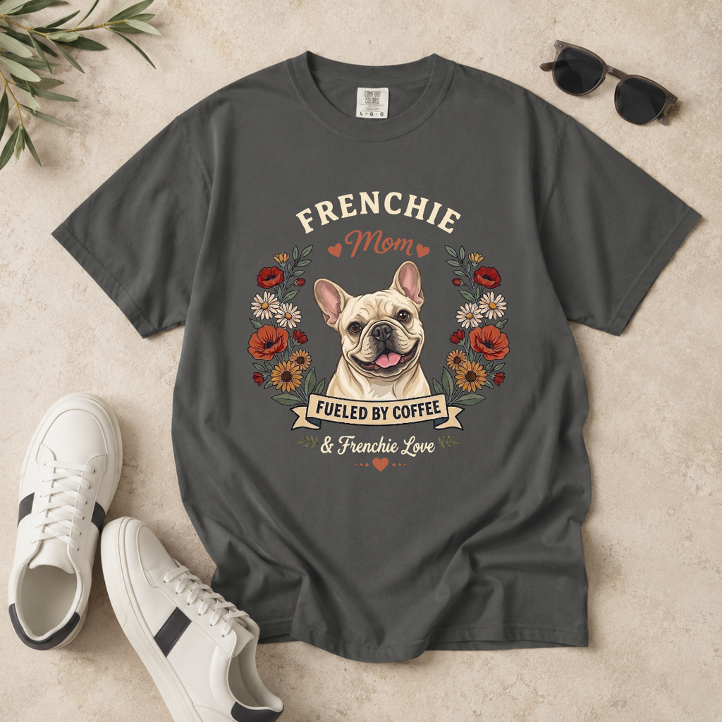 Cream French Bulldog Dog Mom T-Shirt | Fueled by Coffee & Frenchie Love