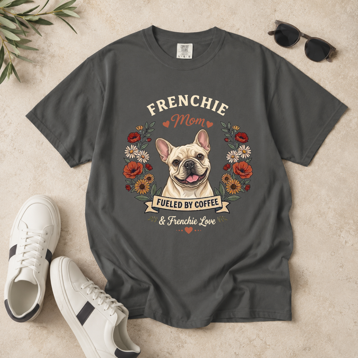 Cream French Bulldog Dog Mom T-Shirt | Fueled by Coffee & Frenchie Love