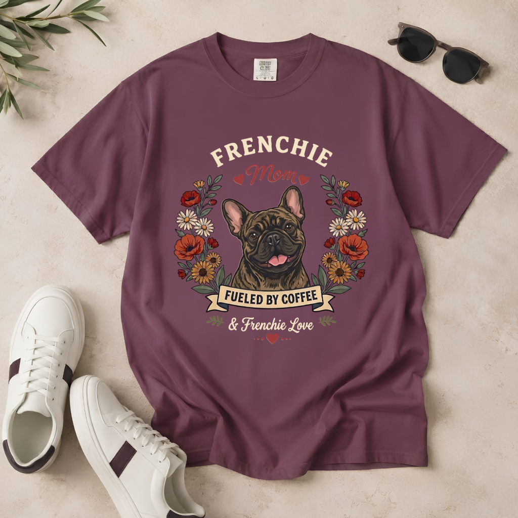 Brindle French Bulldog Dog Mom T-Shirt | Fueled by Coffee & Frenchie Love