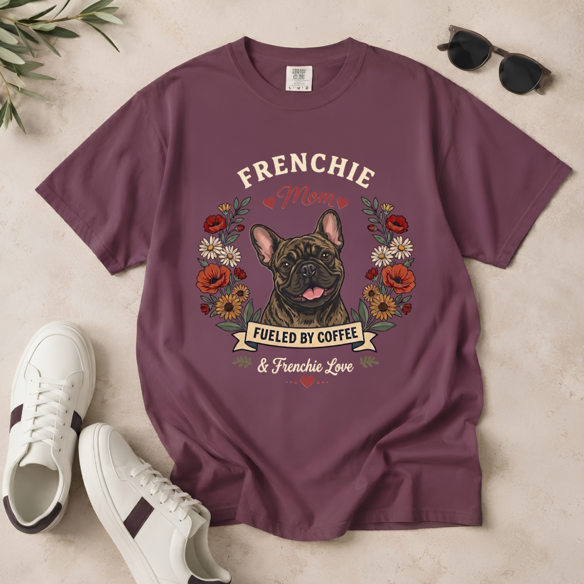 Brindle French Bulldog Dog Mom T-Shirt | Fueled by Coffee & Frenchie Love