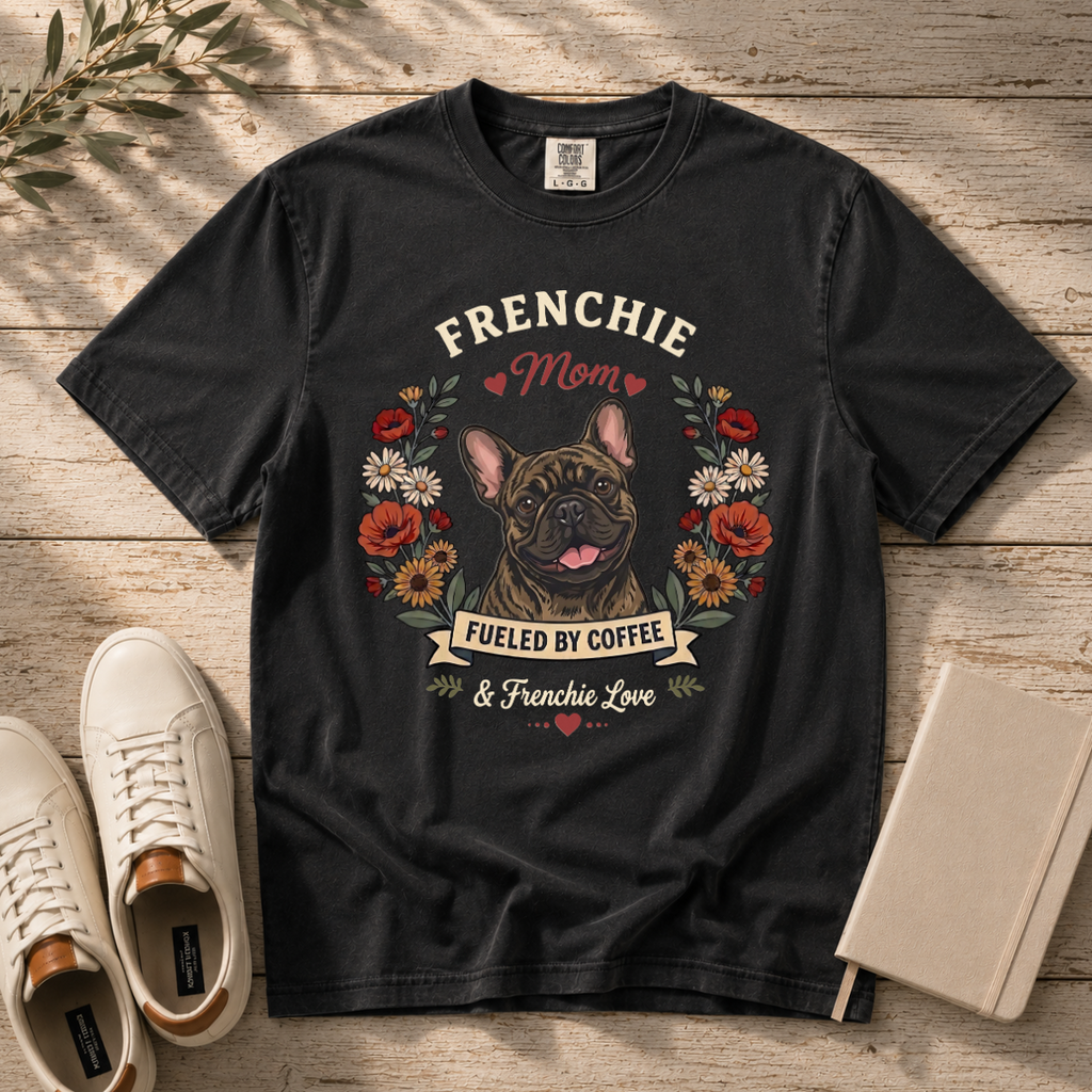 Brindle French Bulldog Dog Mom T-Shirt | Fueled by Coffee & Frenchie Love