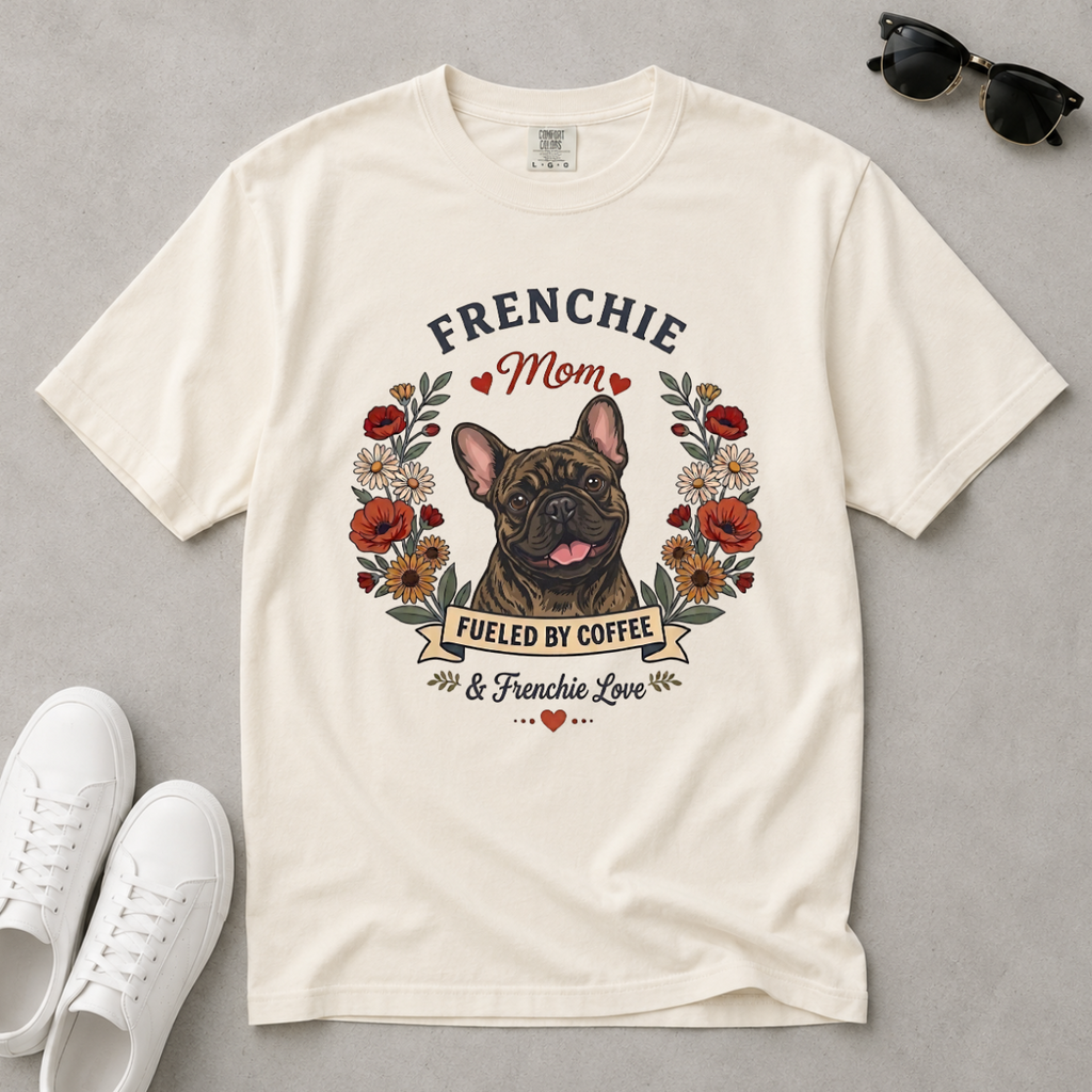 Brindle French Bulldog Dog Mom T-Shirt | Fueled by Coffee & Frenchie Love