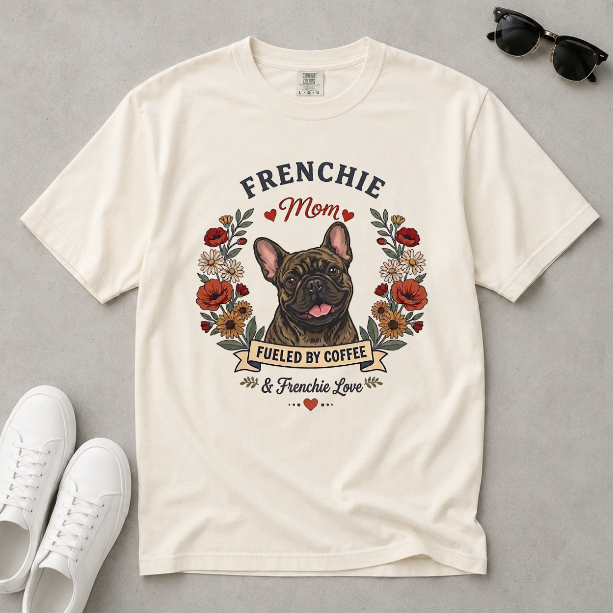 Brindle French Bulldog Dog Mom T-Shirt | Fueled by Coffee & Frenchie Love