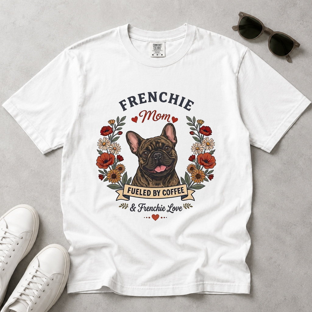 Brindle French Bulldog Dog Mom T-Shirt | Fueled by Coffee & Frenchie Love
