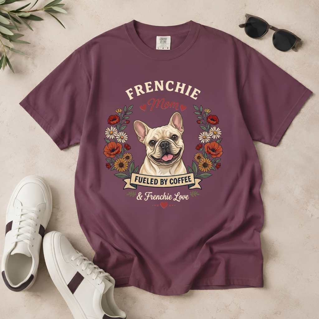 Cream French Bulldog Dog Mom T-Shirt | Fueled by Coffee & Frenchie Love