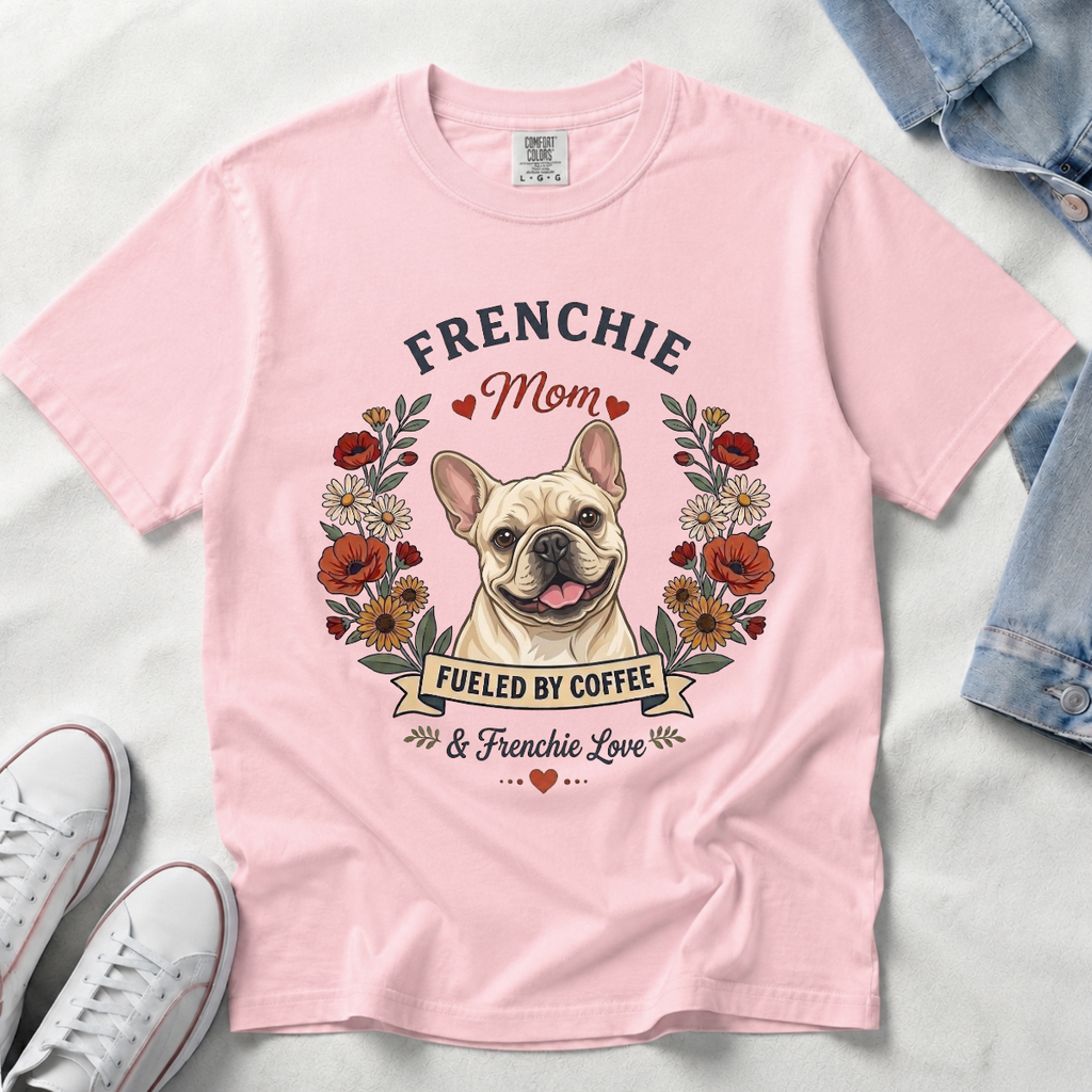 Cream French Bulldog Dog Mom T-Shirt | Fueled by Coffee & Frenchie Love