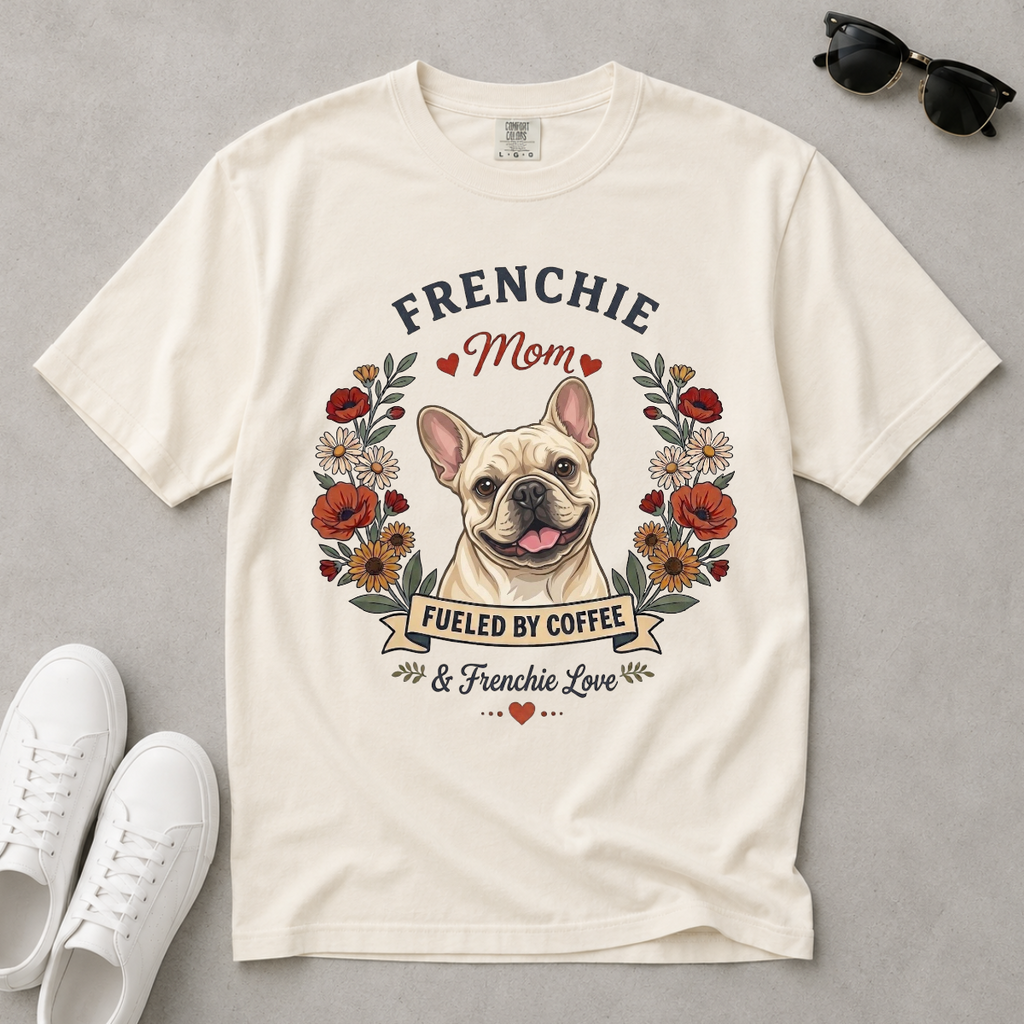 Cream French Bulldog Dog Mom T-Shirt | Fueled by Coffee & Frenchie Love