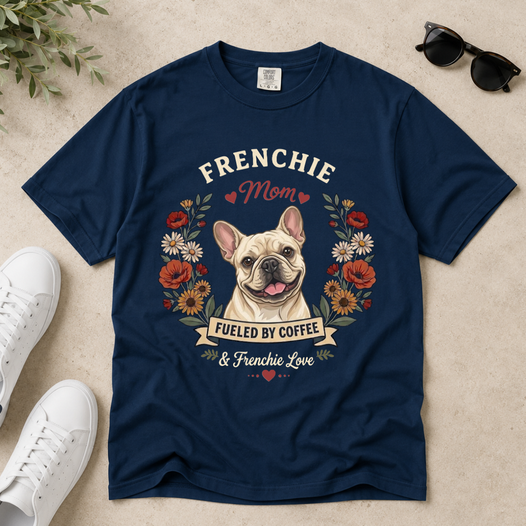Cream French Bulldog Dog Mom T-Shirt | Fueled by Coffee & Frenchie Love