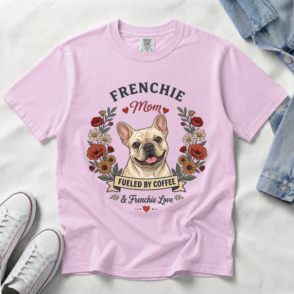 Cream French Bulldog Dog Mom T-Shirt | Fueled by Coffee & Frenchie Love