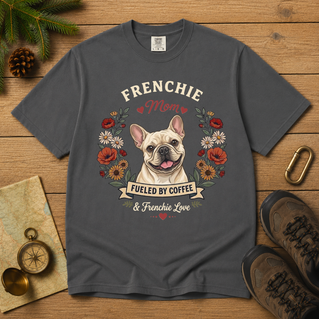 Cream French Bulldog Dog Mom T-Shirt | Fueled by Coffee & Frenchie Love
