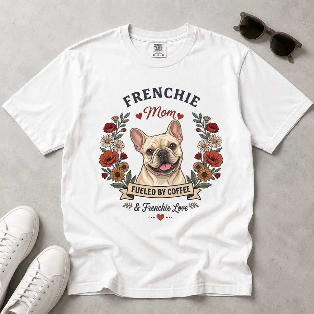 Cream French Bulldog Dog Mom T-Shirt | Fueled by Coffee & Frenchie Love