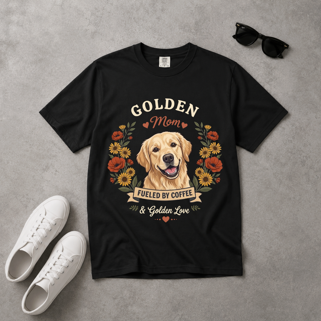 Light Golden Retriever Dog Mom T-Shirt | Fueled by Coffee & Golden Love