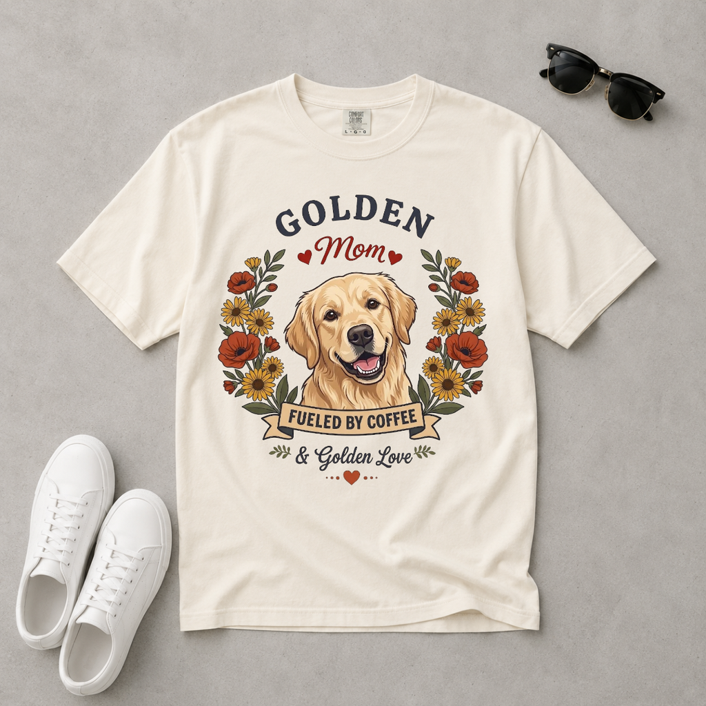 Light Golden Retriever Dog Mom T-Shirt | Fueled by Coffee & Golden Love